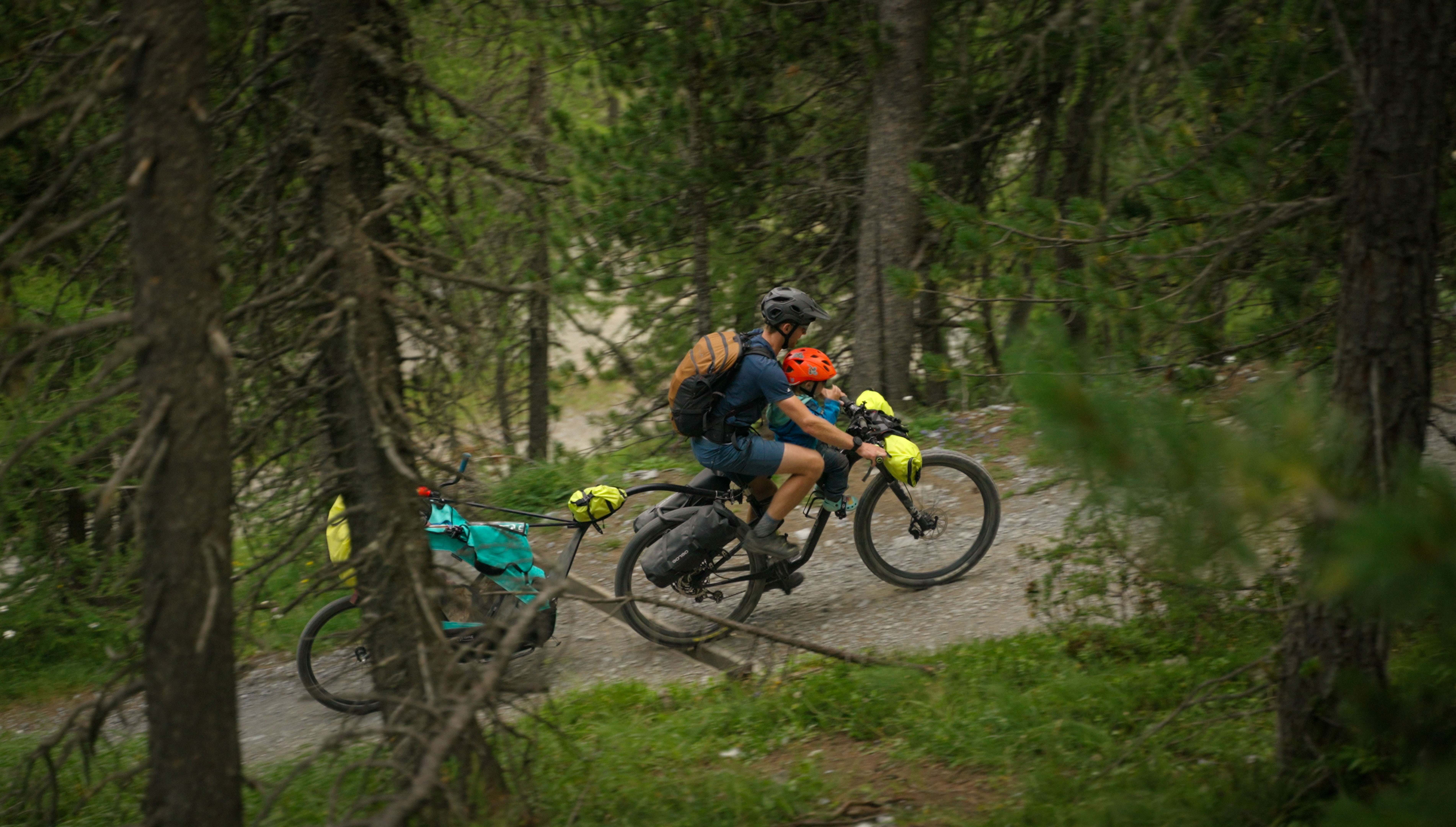 Erwachsene:r und Kind fahren gemeinsam auf einem bepackten Mountainbike mit Anh&auml;nger einen Waldweg entlang.
